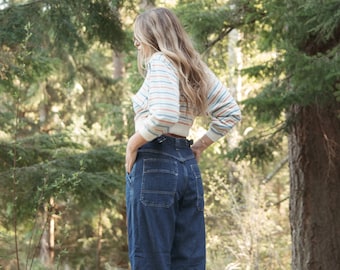 Vintage 80s 90s Lee Jeans, LEE Riveted Dark Wash Indigo Buckle Back Utility Blue Jeans, 33 34 waist Boyfriend Jeans
