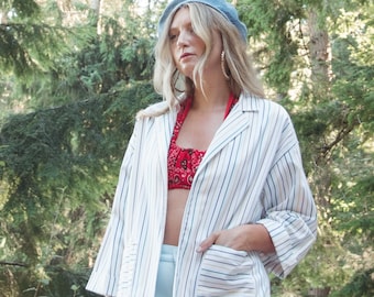 Vintage 1970s-80s Rainbow Stripe Blazer – Cotton Open Front Jacket with Pockets, Unlined Lightweight Layering Piece