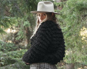 80's Vintage Black Crochet Shag Cardigan Sweater
