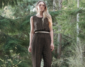 Combinaison vintage des années 80, combinaison rayée noire + marron pour femmes, combinaison d'été minimaliste sans manches des années 1980