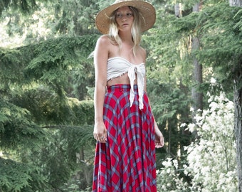 70's Star of India Plaid Skirt | Red + Blue Tartan Midi Skirt | Fall Winter Vintage High Waisted Cottagecore Button Front Skirt