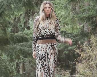 80s Leopard Dress / Vintage Drop Waist Long Sleeve Animal Print Midi Dress with Suede Accents