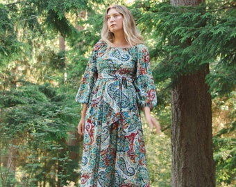 1970s Vintage Balloon Sleeve Paisley Floral Maxi Dress, Size Small