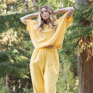 90's Yellow Two Piece lounge Set, Marigold Batwing Drawstring top and Capri Pants image 1