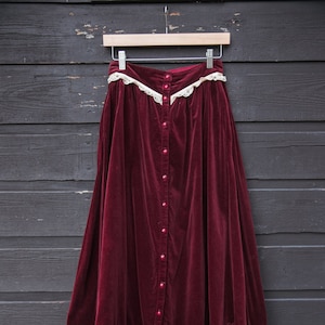 70s GUNNE SAX Skirt | Boho Maroon Velvet Maxi Skirt | Vintage Button Down Prairie Skirt