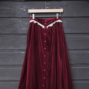 70s GUNNE SAX Skirt Boho Maroon Velvet Maxi Skirt Vintage Button Down Prairie Skirt image 1