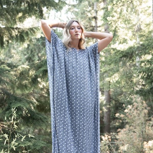 70s Geometric Blue Kaftan Dress |  Loose Oversized Psychedelic Maxi Dress | Boho Paisley Hippie Caftan | Kimono Tunic Dress, Solstice