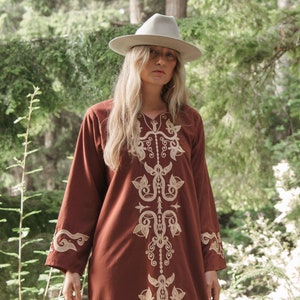 70s Embroidered Caftan Dress | Boho Hippie Brown + Gold Maxi Dress | Ethnic Bohemian Festival Dress
