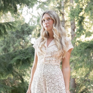 Vintage 1930s Lace Dress | Pink Cotton Lace + Linen Dress | 40s Embroidered Crochet Dress | 30s Blush Bridesmaid Dress | 1940s Picnic Dress