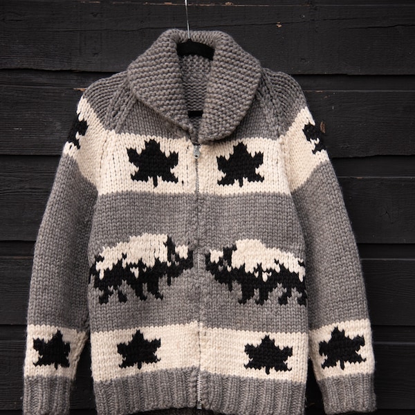 Vintage 1960's Cowichan Sweater, Women's Small Medium Canadian Maple Leaf + Buffalo Grey Black Chunky Knit Wool Sweater, Zip Up Cardigan