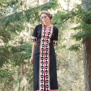 Vintage 60s Patchwork Kaftan Dress | Embroidered Hippie Maxi Dress | Boho Geometric Cosmic Caftan | Long Black Tunic Dress