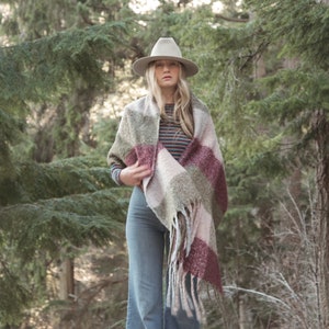 Oversized Plaid Wool Scarf, Long Fringed Shawl Wrap, Purple and Green Blanket Scarf image 1
