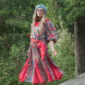 Vintage Diane Freis Skirt + Top Set / 80s Red Polka Dot Floral Dress / Deep V 1980s Designer Pleated Party Dress