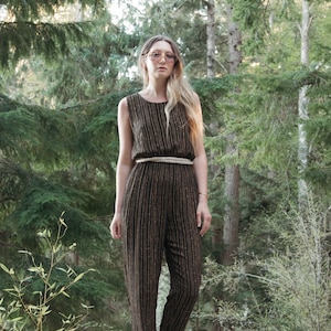 80's Vintage Jumpsuit, Women's Black + Brown Striped Jumpsuit, 1980's Minimalist Sleeveless Summer Playsuit