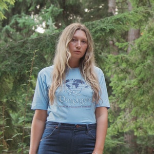 80's Vintage Shirt | Baby Blue Voyager around the world nonstop non-refueled Paper Thin Cotton Tee