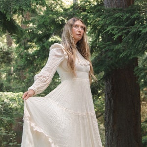 1970s Victorian Style Wedding Dress, Gauzy Natural Cotton Lace Boho Prairie Dress, Sweeping Skirt, High Neck, Long Sheer Poet Sleeves image 6