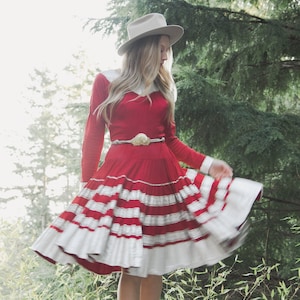 Vintage 1950s Western Dress Ann Lantz Pheonix Arizona Red Crepe + Metallic Silver Rick Rack Drop Waist Full Swing Square Dance Dress