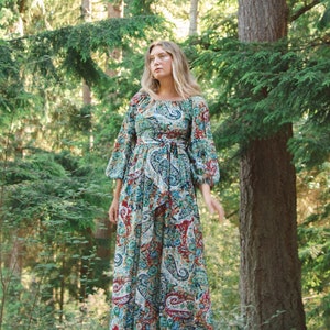1970s Vintage Balloon Sleeve Paisley Floral Maxi Dress, Size Small