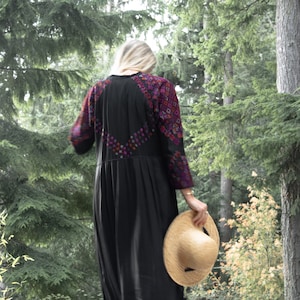 Antique Hand Embroidered Dress | Kuchi Afghani Black Silk kaftan dress | Vintage Bedouin Indian Dress | 60s Hippie Bohemian Folk Solstice
