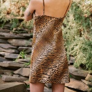 90s Leopard Print Dress / Tiger Stripe BYER TOO! Leopard Mini Dress / Cheetah Print Feather Trim Slip Dress / Lingerie Babydoll Dress