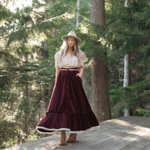 70s GUNNE SAX Skirt Boho Maroon Velvet Maxi Skirt Vintage Button Down Prairie Skirt image 4