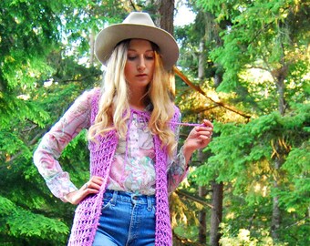 1960's Long Crochet Vest, Purple Knit Duster, Boho Hippie Festival Top, Tie Front Open Cardigan, 70's Crocheted Top, Beach Cover up, S M