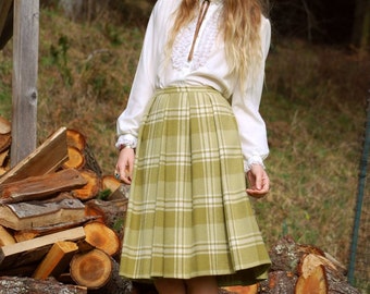 Vtg 50's Full Skirt Sage / Olive Green Retro Plaid Wool Skirt /  Pleated High Waist Midi / Preppy School Girl Chic - Secretary Work Skirt
