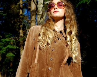 60s 70s Brown Suede Jacket - Hippie Boho Mod Mens 46 Tan Suede Leather Jacket Size Large Button Up Easy Rider Vintage Coat