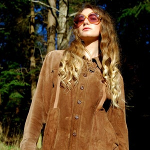 60s 70s Brown Suede Jacket - Hippie Boho Mod Mens 46 Tan Suede Leather Jacket Size Large Button Up Easy Rider Vintage Coat