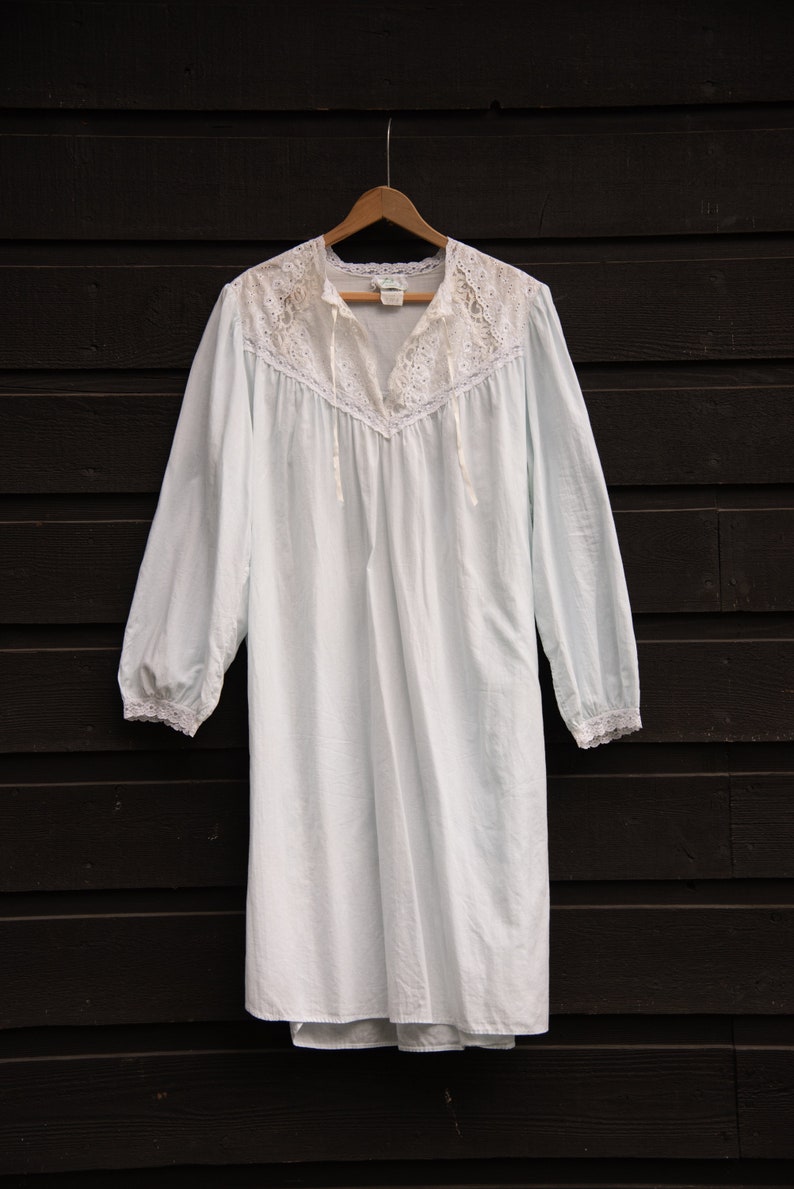 70s Cotton Nightgown / Crochet Lace Prairie Dress / Peasant Poet Sleeve Babydoll Dress image 8