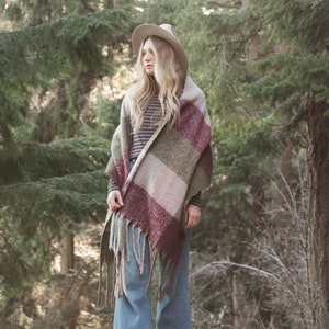 Oversized Plaid Wool Scarf, Long Fringed Shawl Wrap, Purple and Green Blanket Scarf image 5