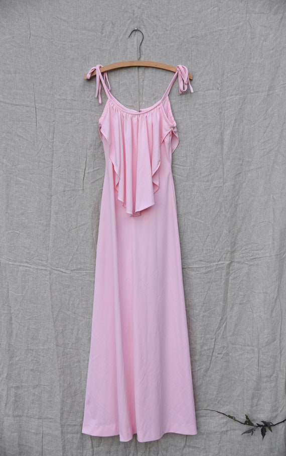 1970s Pink Knit Maxi Dress with Bell Sleeves