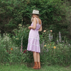 1970&#39;s Eyelet Lace Prairie Dress, Vintage Mexican Dress, 70s Boho Lilac Señorita Dress, Cotton Peasant Dress, Summer Festival Dress