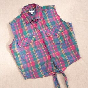 90s Tie Front Collared Cotton Crop Top, Simply Basic Pink Plaid Button Front Cropped Blouse, Small Medium image 8