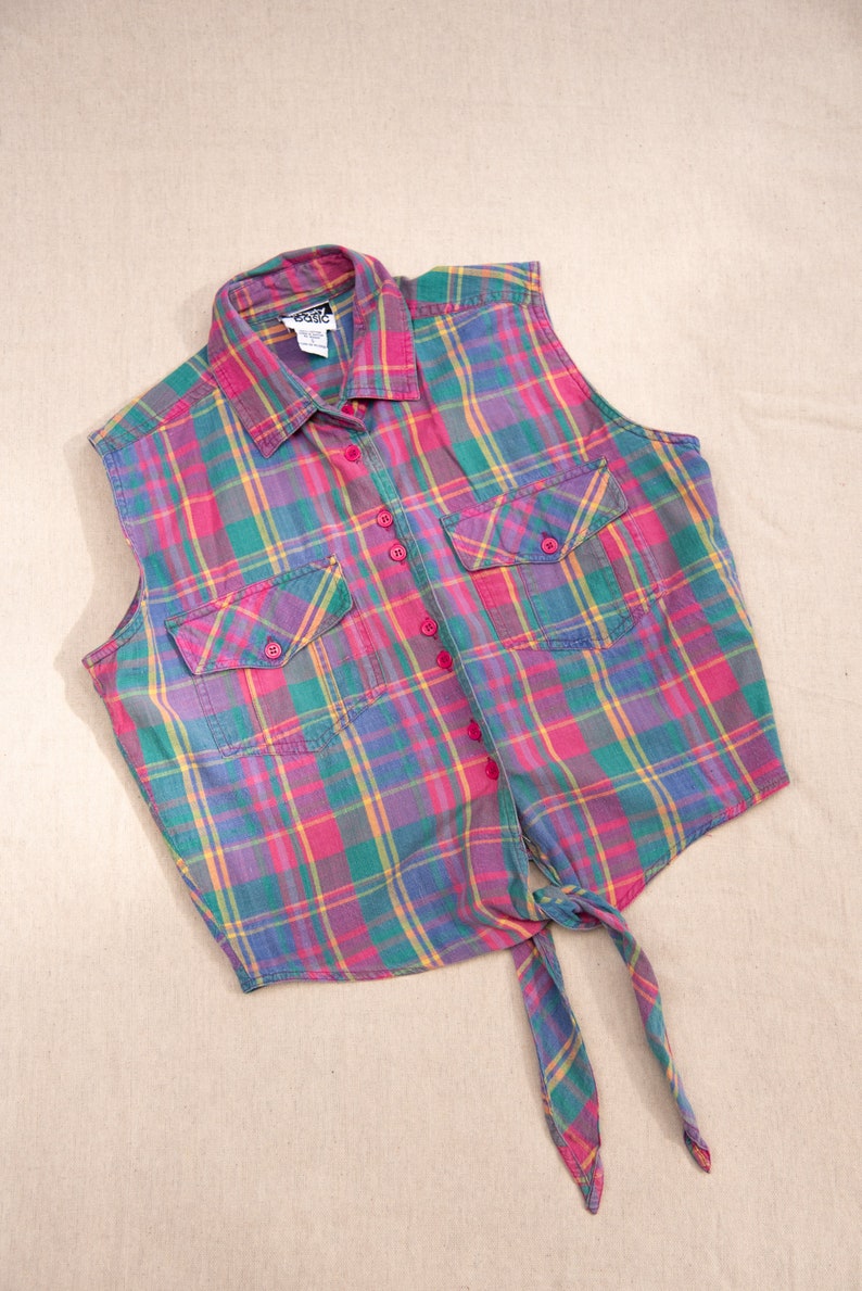90s Tie Front Collared Cotton Crop Top, Simply Basic Pink Plaid Button Front Cropped Blouse, Small Medium image 8