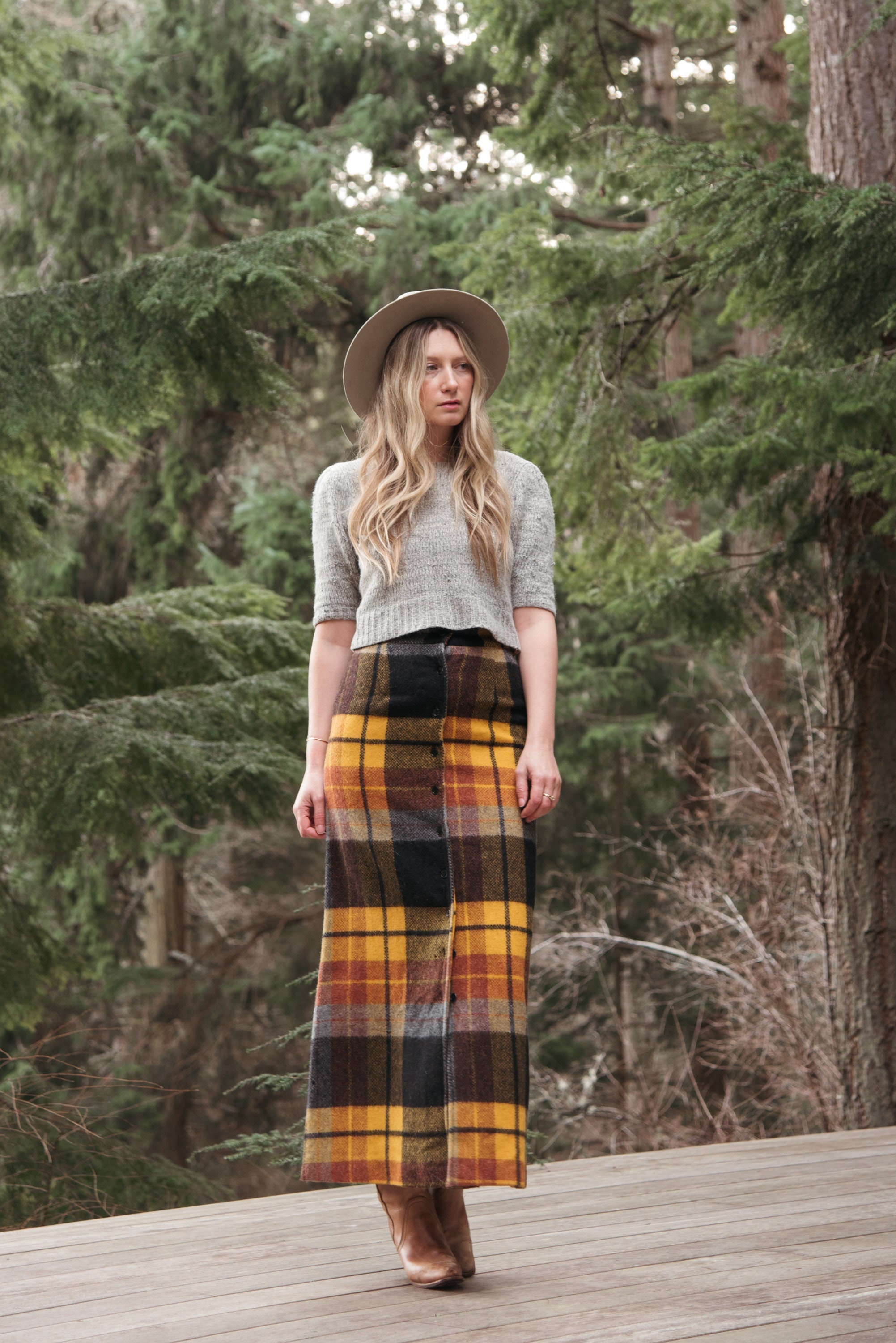 70's Button Front Plaid Maxi Skirt / Saffron Mustard Brown - Etsy Singapore