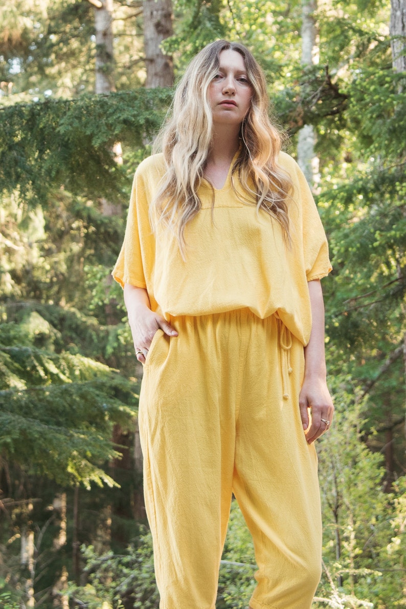 90's Yellow Two Piece lounge Set, Marigold Batwing Drawstring top and Capri Pants image 3