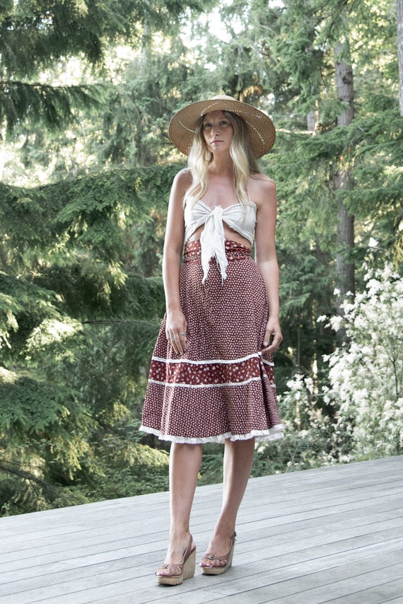 70s Vintage Midi Skirt | Boho Calico Cotton Prairi