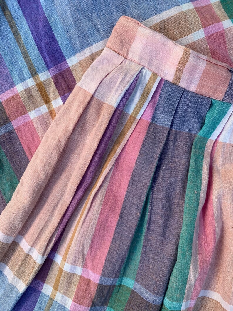 Eddie Bauer Plaid Skirt Pleated Rainbow Pastel Cotton Button Front Midi Skirt with Pockets Boho Prairie Picnic Skirt