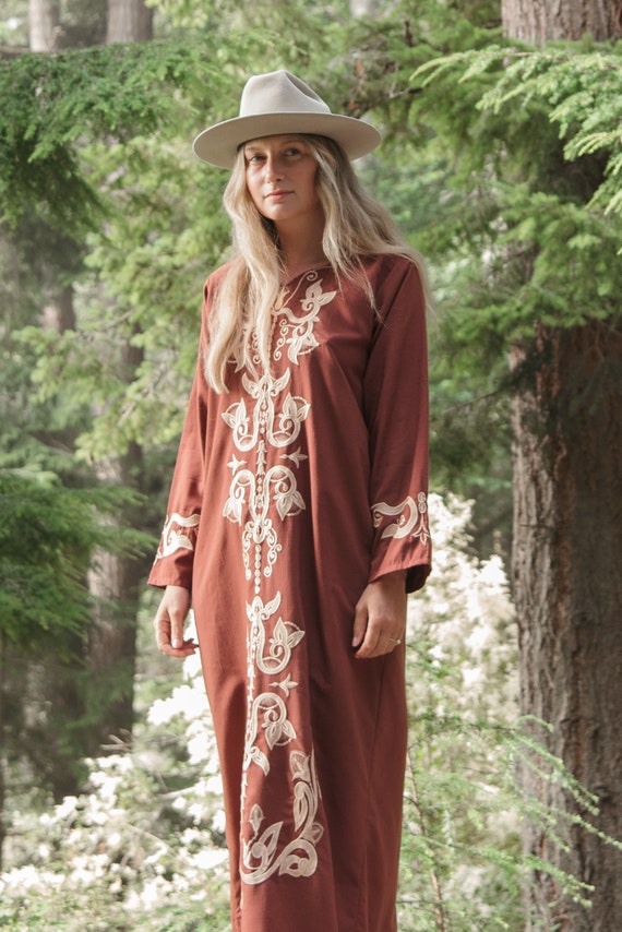 70s Embroidered Caftan Dress | Boho Hippie Brown … - image 6