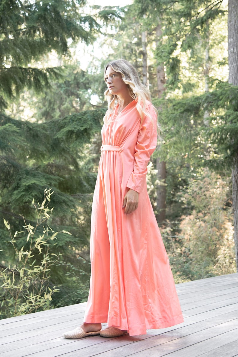 70s Vintage Peach Evening Dress Kimono Femme Ball Gown Beach Fairy Wedding Dress Long Sleeve Dressing Gown oversized Lounge dress image 1