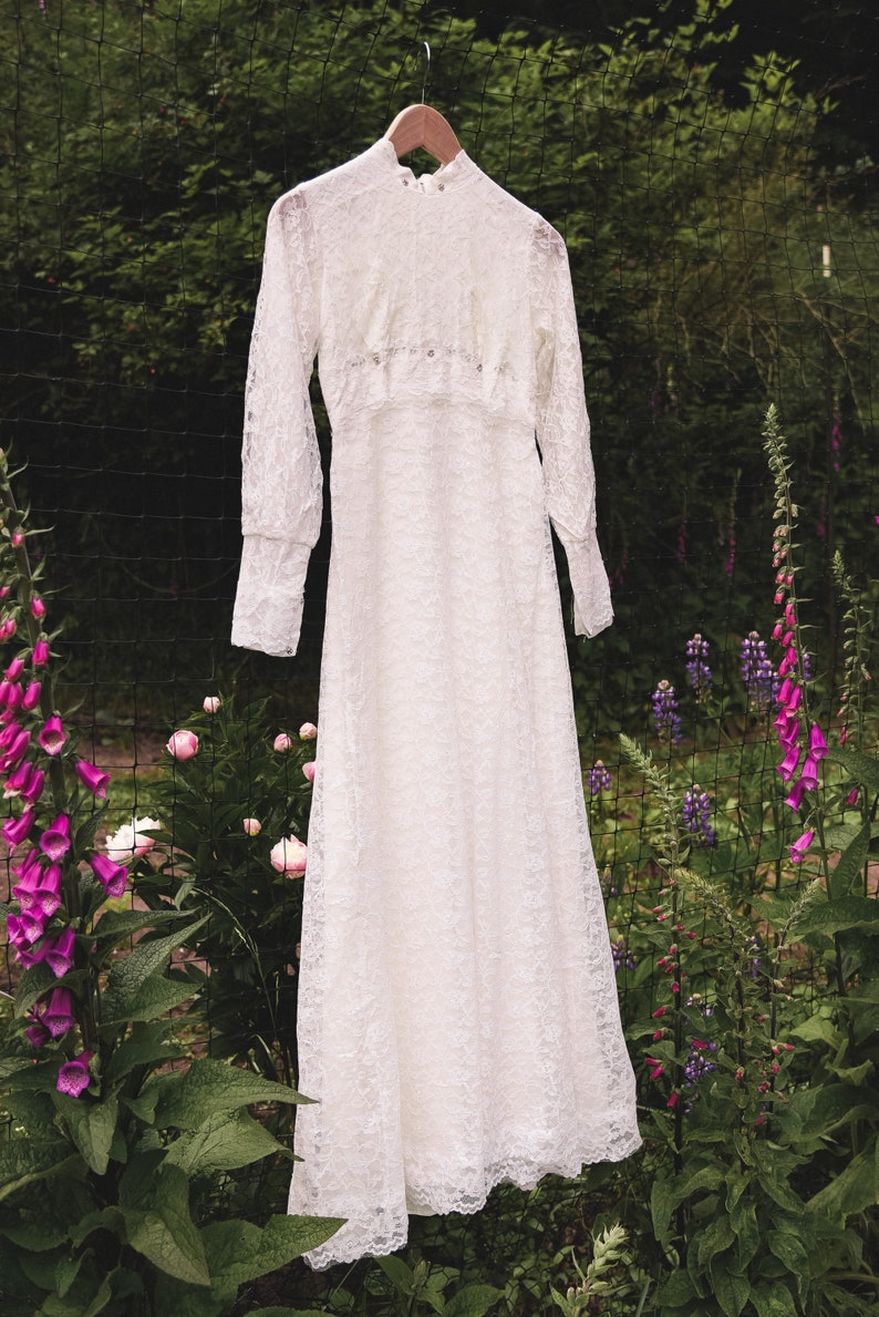 60's Long Sleeve Wedding Dress, XS Small Ivory Lace Boho Wedding Dress, Victorian Wedding Dress, Beaded White Maxi Dress image 2