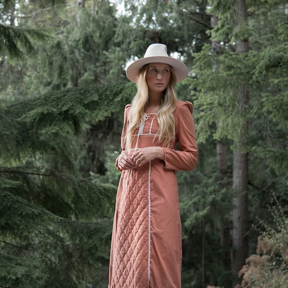 70s Maxi Dress, Long Sleeve Peach Cotton Prairie … - image 2