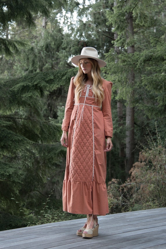 70s Maxi Dress, Long Sleeve Peach Cotton Prairie … - image 4
