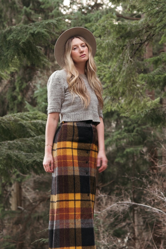 70's Button Front Plaid Maxi Skirt / saffron must… - image 5