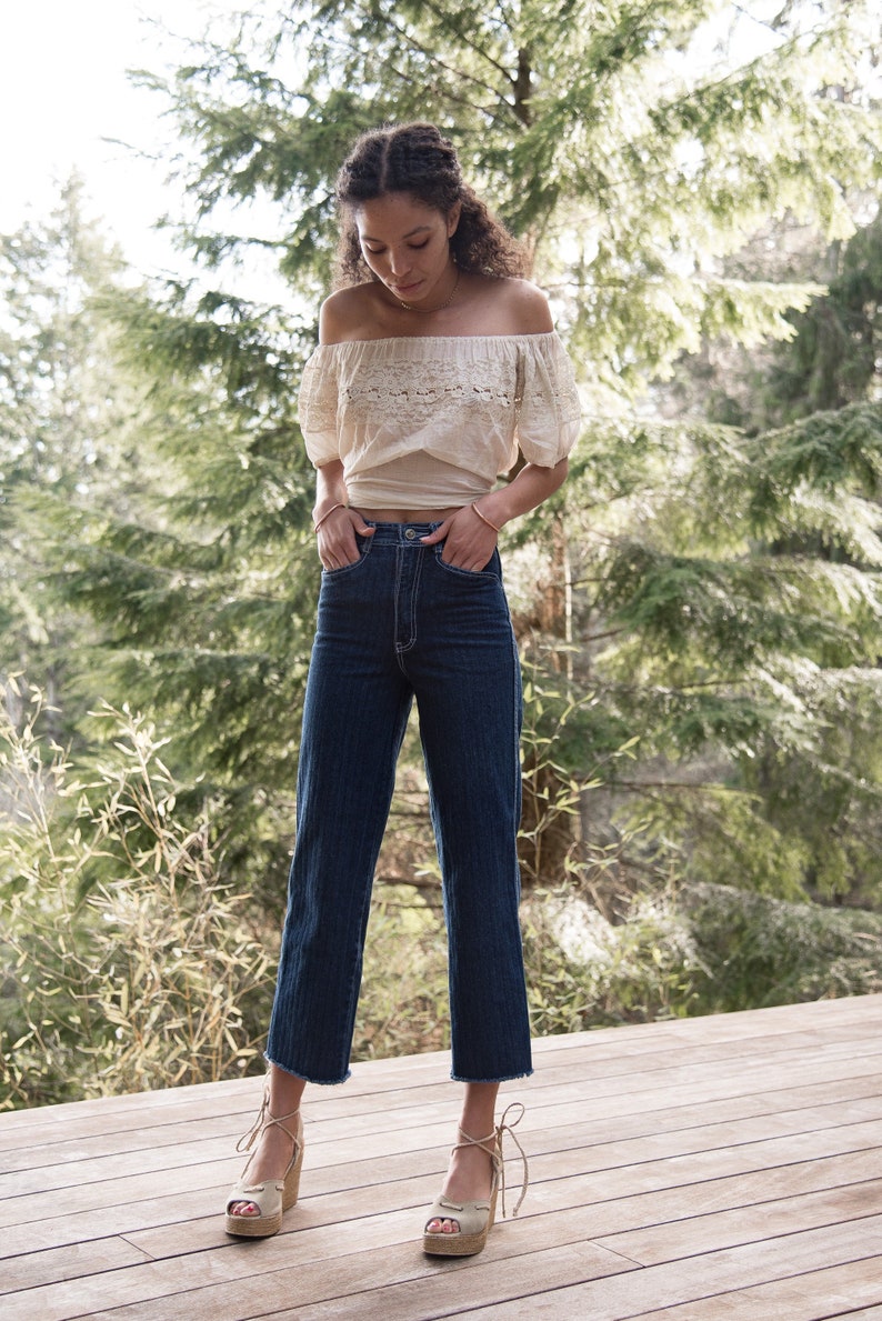 high waisted pinstripe jeans