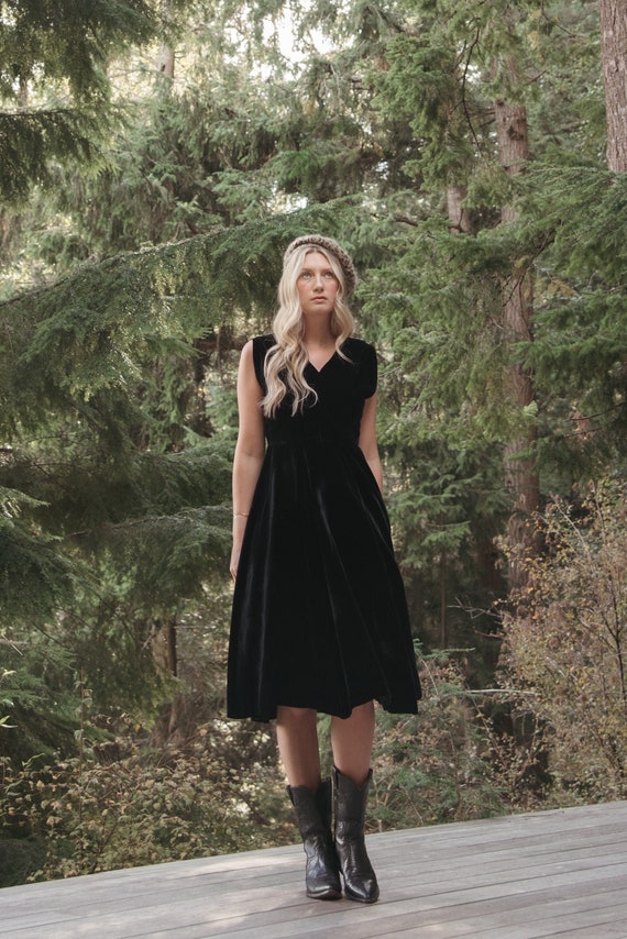 1950s Black Velvet Dress | Vintage B. Altman 50s Cocktail Dress | Size XS Small