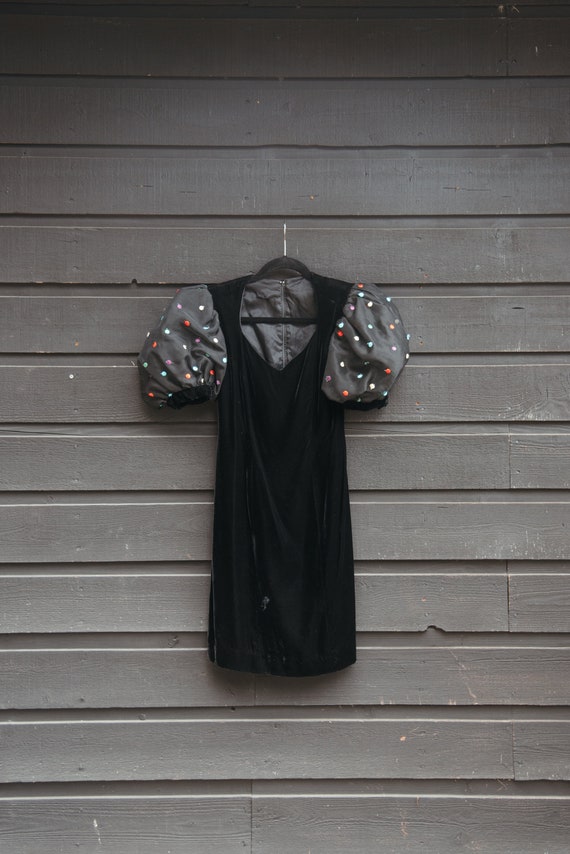 80s Couture Black Velvet Rainbow Polka Dot Puff Sl