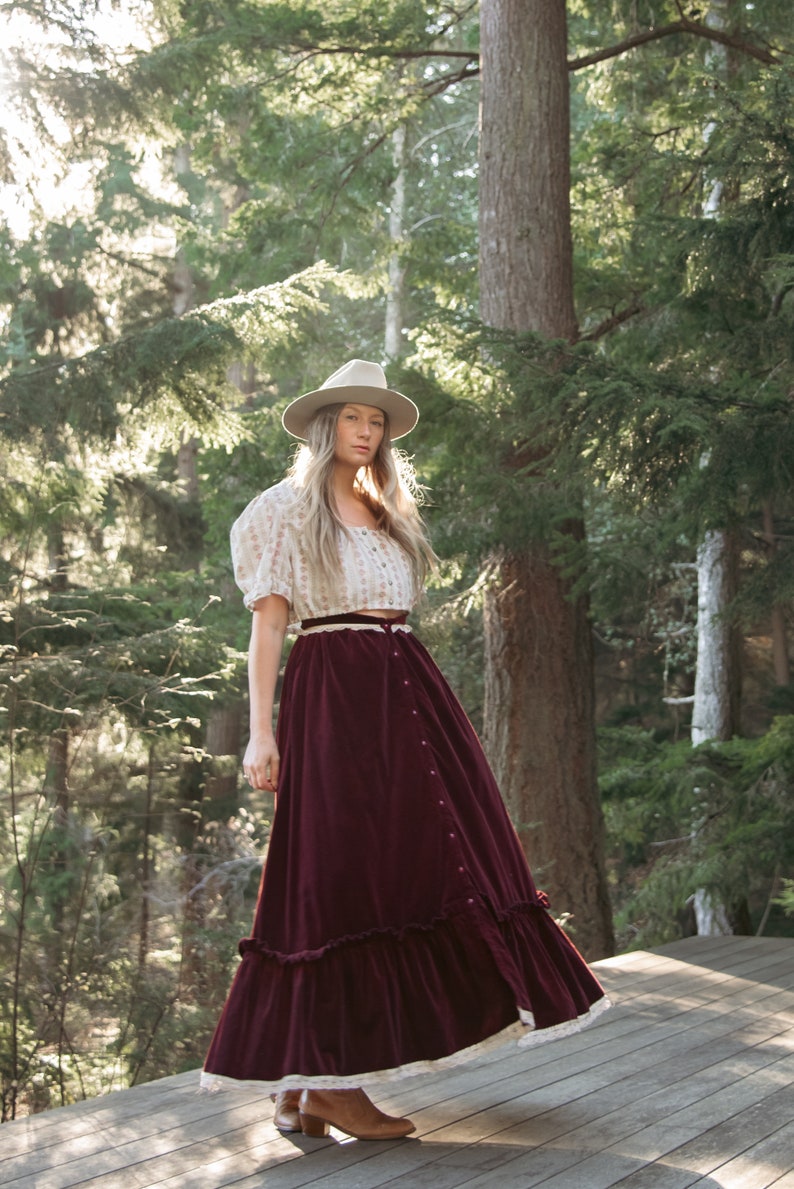 70s GUNNE SAX Skirt Boho Maroon Velvet Maxi Skirt Vintage Button Down Prairie Skirt image 10