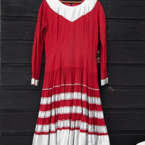 Vintage 1950s Western Dress Ann Lantz Pheonix Arizona Red Crepe Metallic Silver Rick Rack Drop Waist Full Swing Square Dance Dress image 6